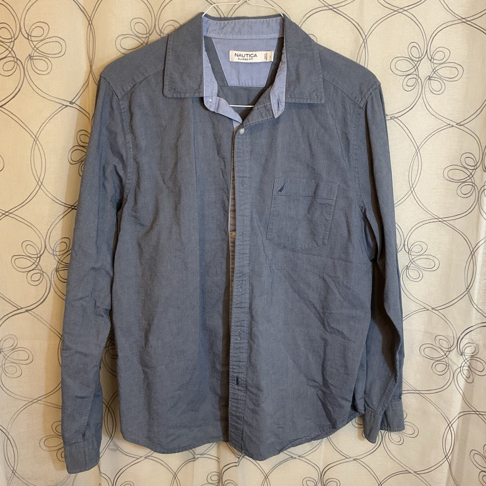Men's Nautica Blue‎ Classic Fit Button Up Long Sleeve Collared Shirt Size Large